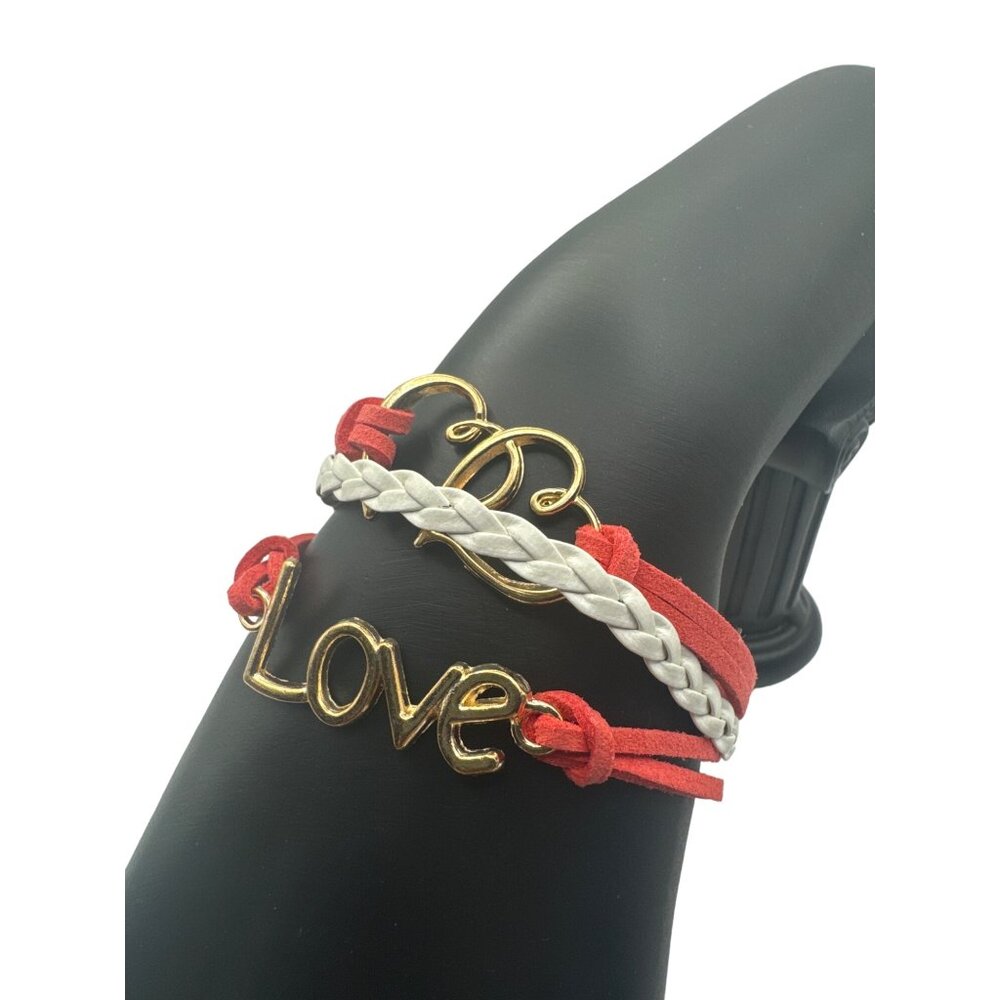 Gold "Love" Charm Bracelet With Red & White Braided Leather Straps